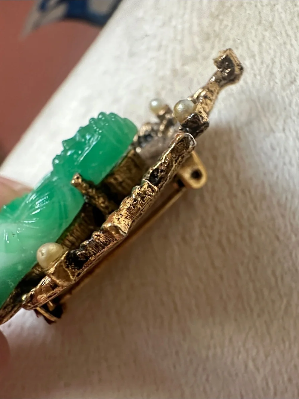 Vintage Jade Peking Glass Buddha with Faux Seed Pearl Signed Ambassador Brooch